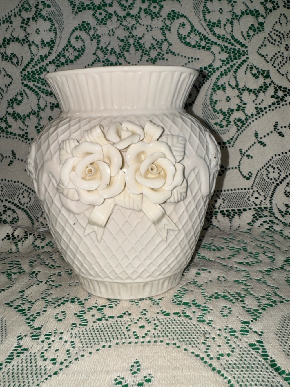 Vintage White Ceramic Rose Appliqué Vase - Decorative Home Accent